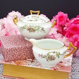 1920s French Limoges Sugar Bowl & Creamer Set Pink Daisy Floral Tea Party Gift